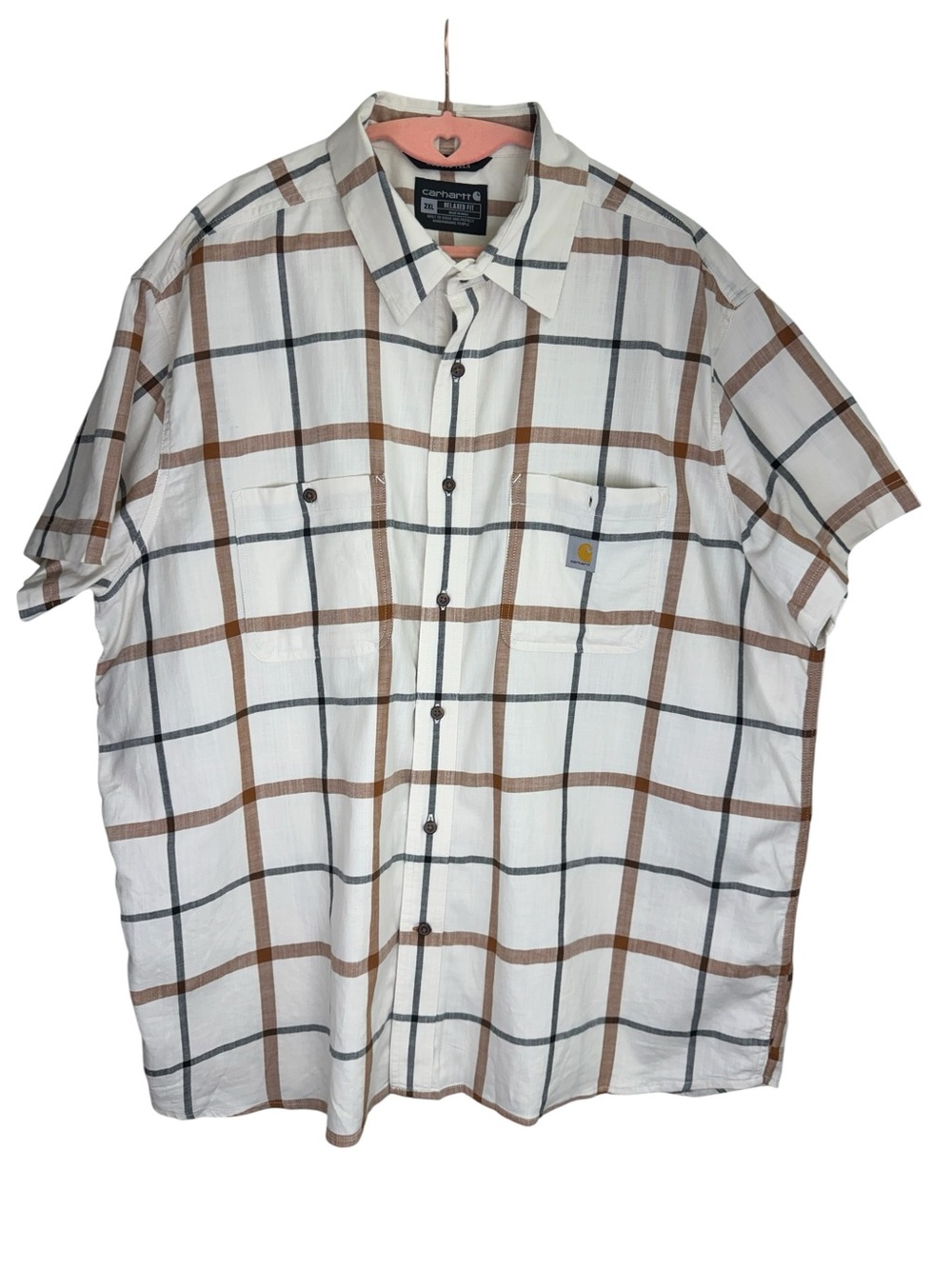 Carhartt Short Sleeve Plaid Button-Up Shirt - beige and brown.